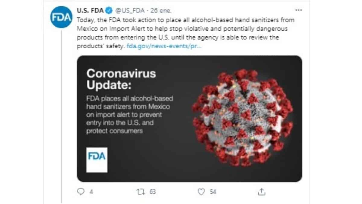 La FDA emitió una alerta de importación nacional para todos los geles desinfectantes de manos a base de alcohol originarios de México.