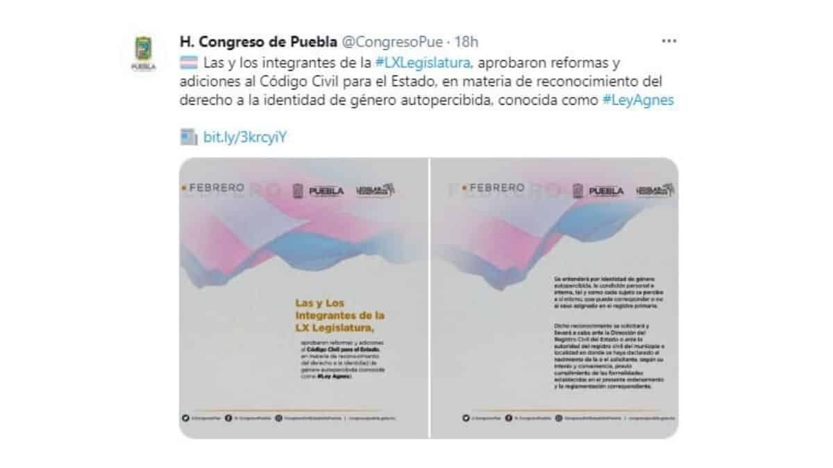 El pleno del Congreso de Puebla aprobó en lo general, un dictamen conocido como ‘Ley Agnes’, mediante el cual se podrá llevar a cabo el cambio de identidad de género.