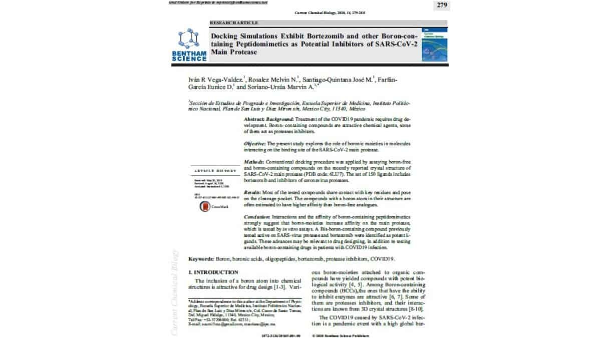 Investigadores del IPN analizan algunos compuestos que contienen boro en sus estructuras, los cuales podrían ser inhibidores del Covid-19.