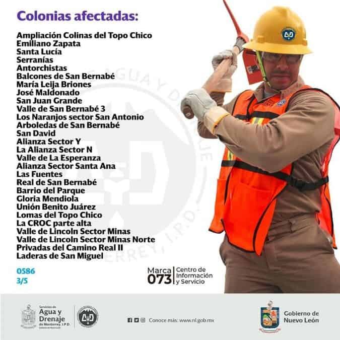 Este corte de agua afectará varias colonias de los municipios como Monterrey, Escobedo y García.