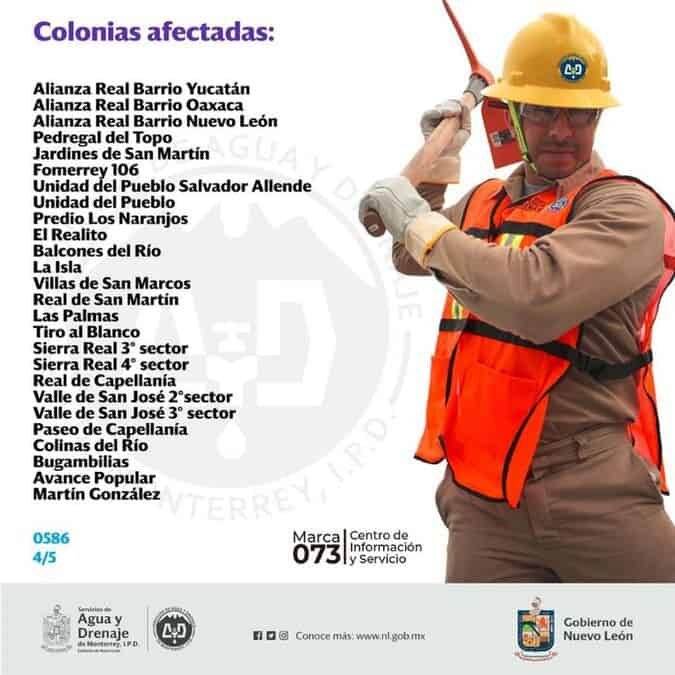 Este corte de agua afectará varias colonias de los municipios como Monterrey, Escobedo y García.