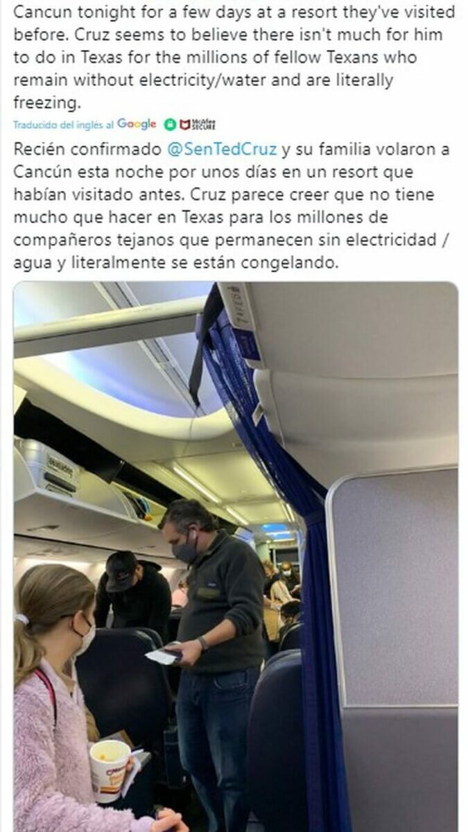 Ted Cruz fue criticado en redes sociales después de que se hicieran virales unas imágenes que lo mostraban volando a Cancún, mientras Texas sufre por una helada mortal.