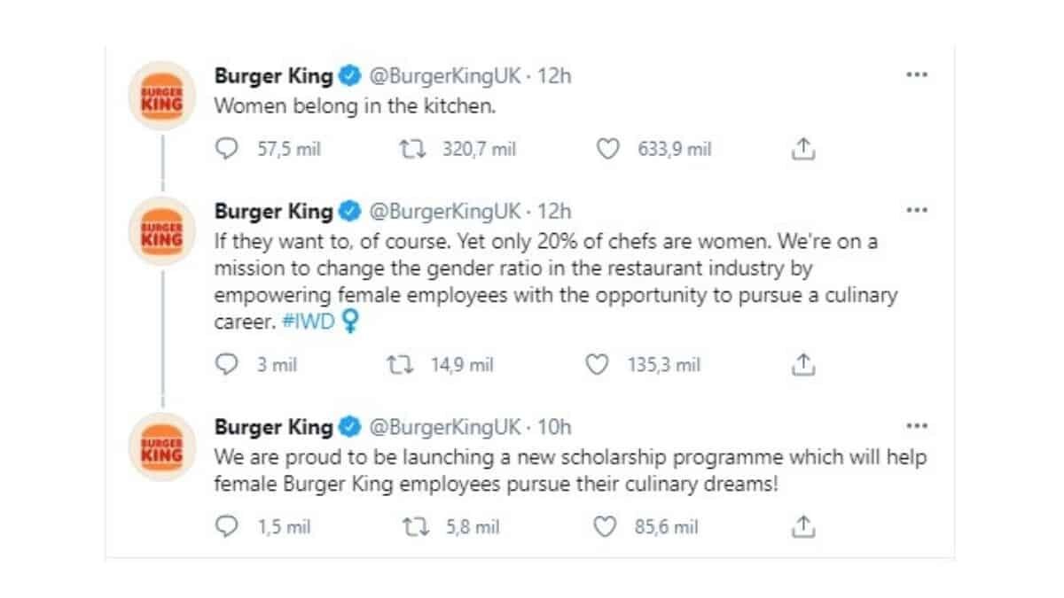 En plena conmemoración del Día Internacional de la Mujer, la cadena de comida rápida Burger King levantó ámpula en redes sociales después de lanzar un polémico tuit.