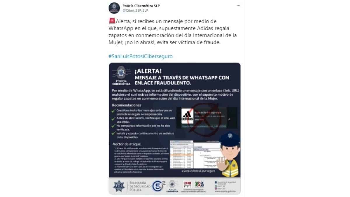 ¿Recibiste un mensaje de WhatsApp con la leyenda 'Adidas regala un millón de pares de zapatos'? ¡Aguas, no lo abras! Pues se trata de un enlace fraudulento.