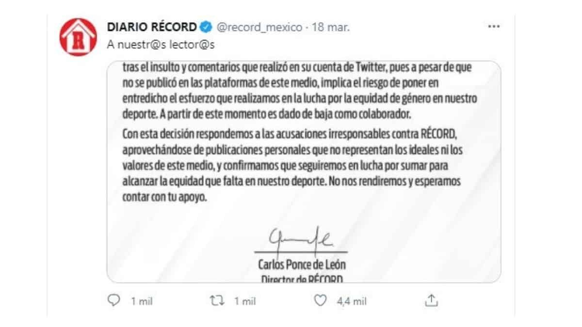 El Diario Récord despidió a Joshúa Maya, después de que el columnista a través de Twitter llamará “feminazi” a la comentarista deportiva Marion Reimers.