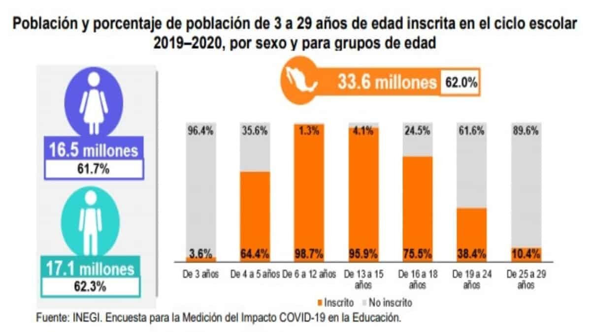 Al menos 5.2 millones de alumnos de 3 a 29 años no se inscribieron al ciclo escolar 2020-2021 por causas directas de la pandemia por Covid-19 o por falta de recursos económicos, informó el Inegi.
