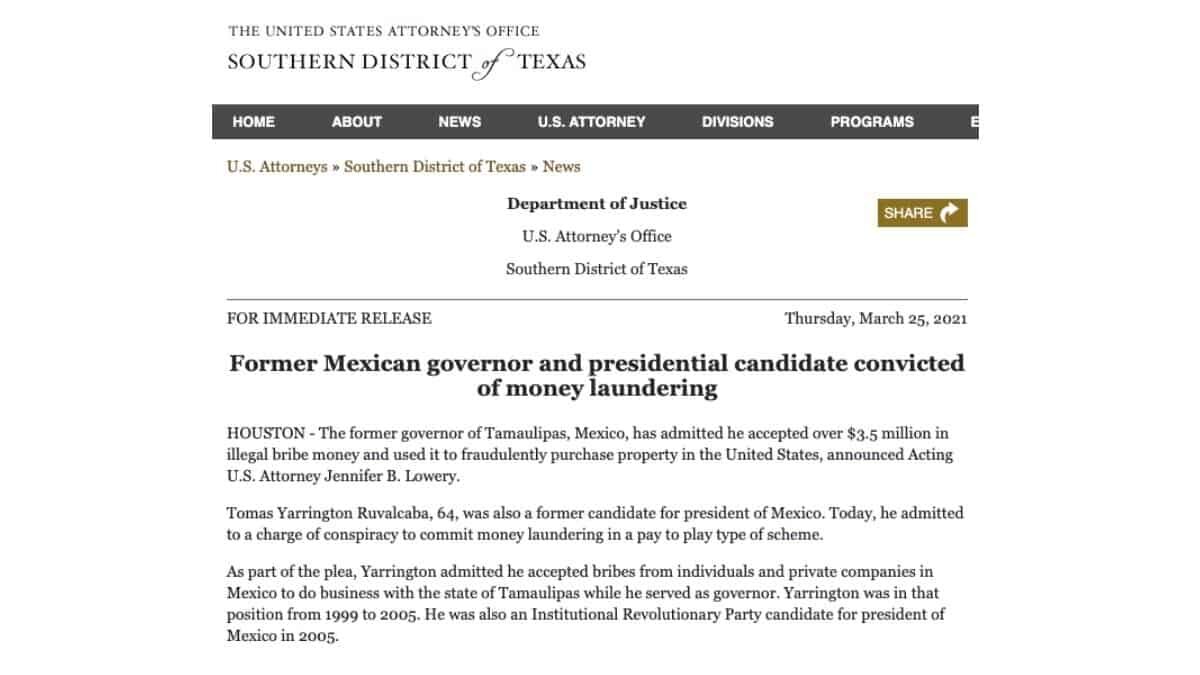Tomás Yarrington, exgobernador de Tamaulipas, se declaró culpable este jueves, ante la justicia de Estados Unidos, del delito de conspiración para cometer lavado de dinero.