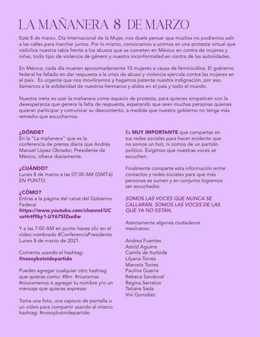 Las inconformes tomaron el control del chat de la transmisión de la conferencia "mañanera" de este 8 de marzo.