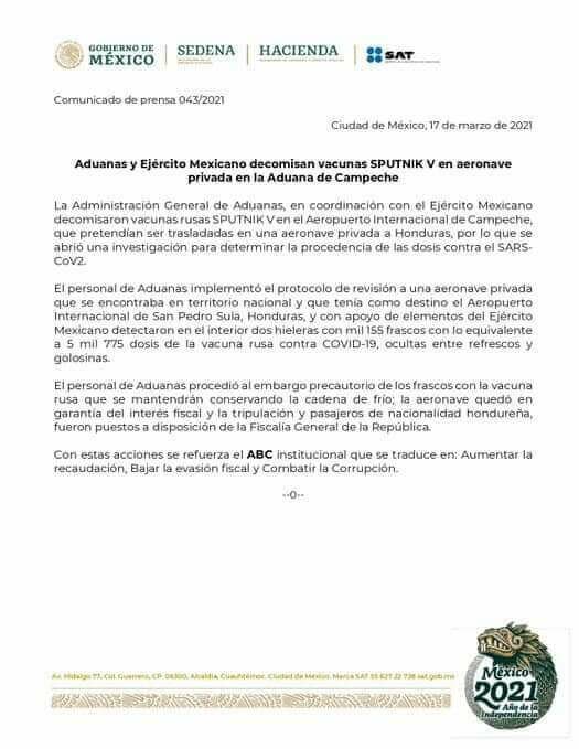 Luego del decomiso de mil 155 frascos de vacunas "Sputnik V" en el Aeropuerto Internacional de Campeche, surgió una hipótesis que señala que no fueron robadas al gobierno mexicano.