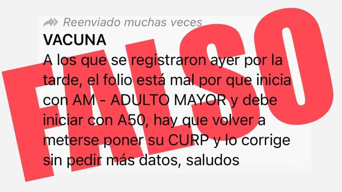 La tarde del miércoles 28 de abril circuló en redes sociales mensaje falso en el que se hacia mención a las fallas de la plataforma para hacer el registro para vacunación de personas de 50 a 59 años por lo que se invitaba a realizar un segundo registro.