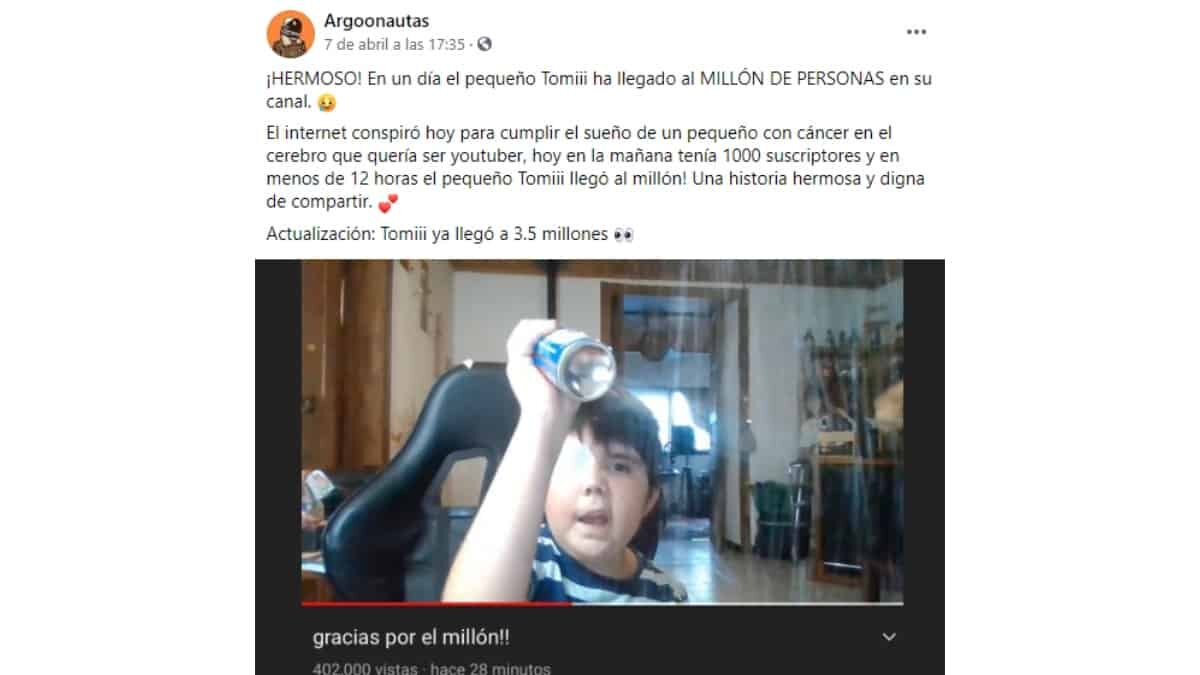 Tomiii 11, niño que padece cáncer cerebral, logró 2.5 millones de suscriptores en Youtube.