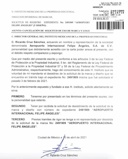 Las autoridades decidieron cancelar el registro ante el IMPI del logo para el nuevo aeropuerto.