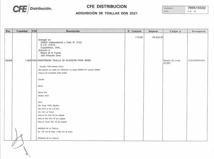 Ordena Bartlett adquisición de toallas bordadas por 7.2 MDP a cargo de CFE