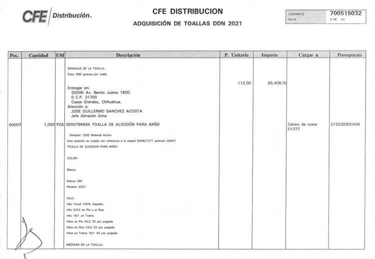 Ordena Bartlett adquisición de toallas bordadas por 7.2 MDP a cargo de CFE