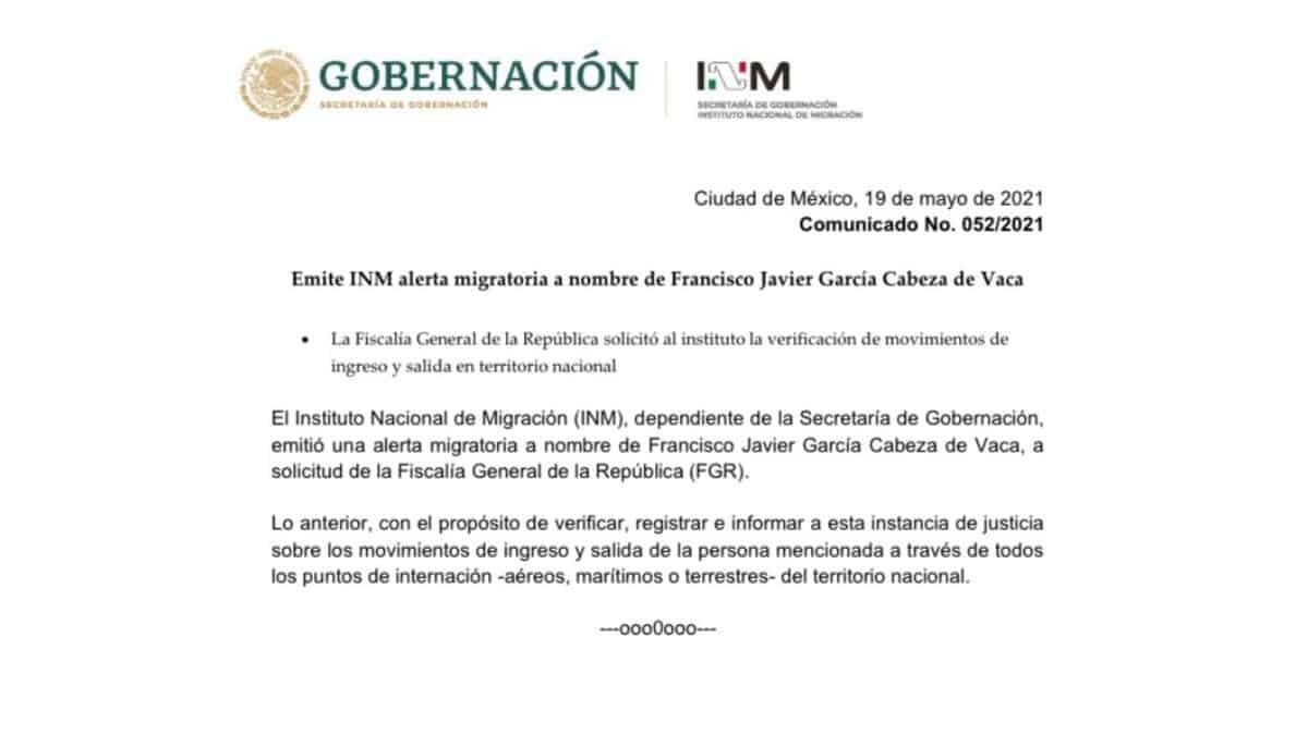 Emiten alerta migratoria contra García Cabeza de Vaca por riesgo de fuga