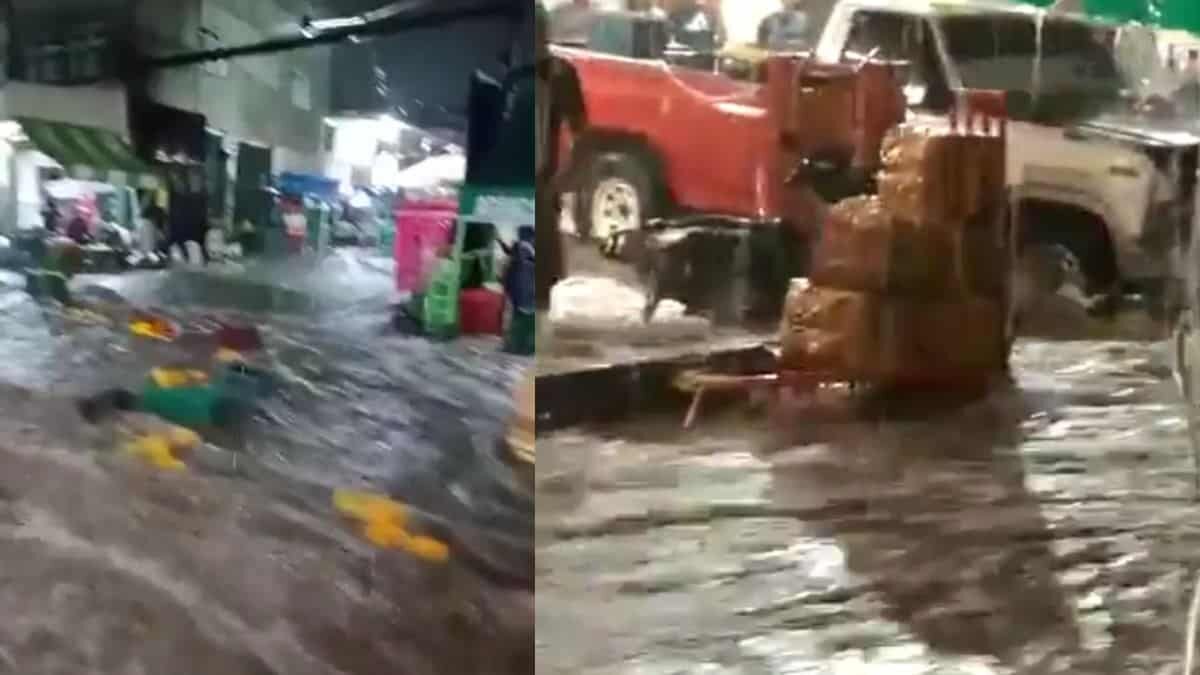 ¡Con todo y diablito! Lluvias inundan central de abastos y arrasa con la mercancía
