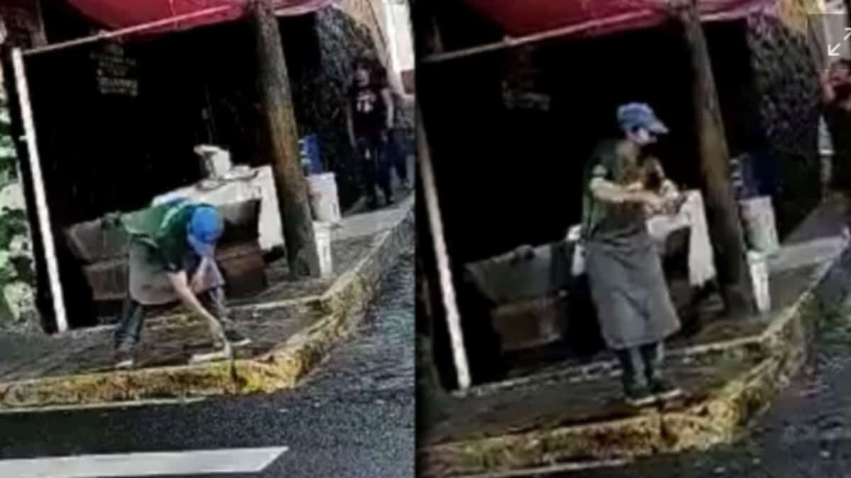 A través de redes sociales, ciudadanos condenaron a taquero que enjuago el trapo de cocina en un charco de agua sucia.