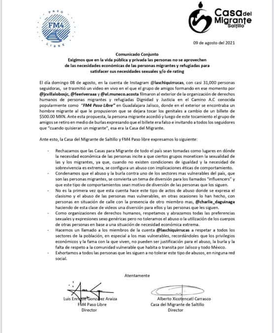 La acción de los influencers fue condenada por la comunidad LGBT+ y agrupaciones de migrantes.