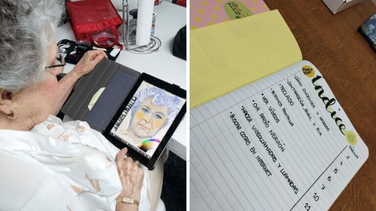 Joven dibuja manual para que su abuelita use su tablet