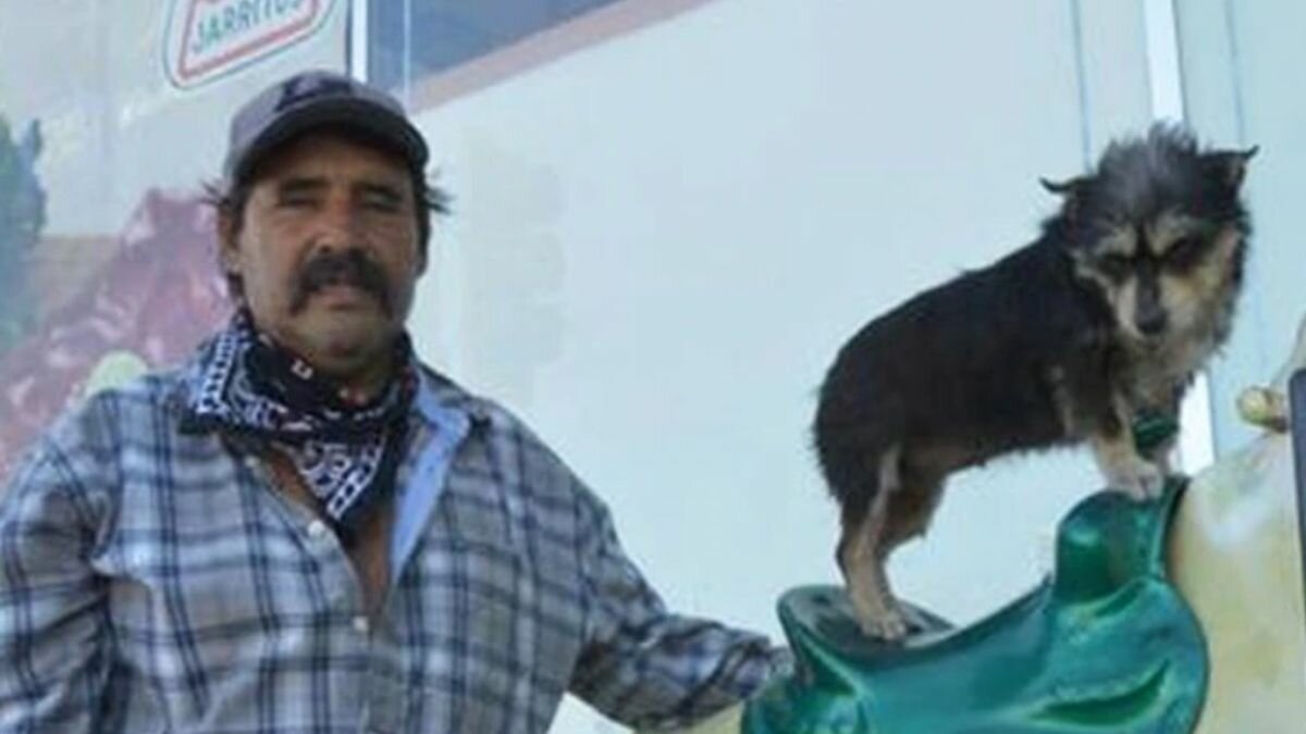 Señor lleva a su perrita a los juegos mecánicos