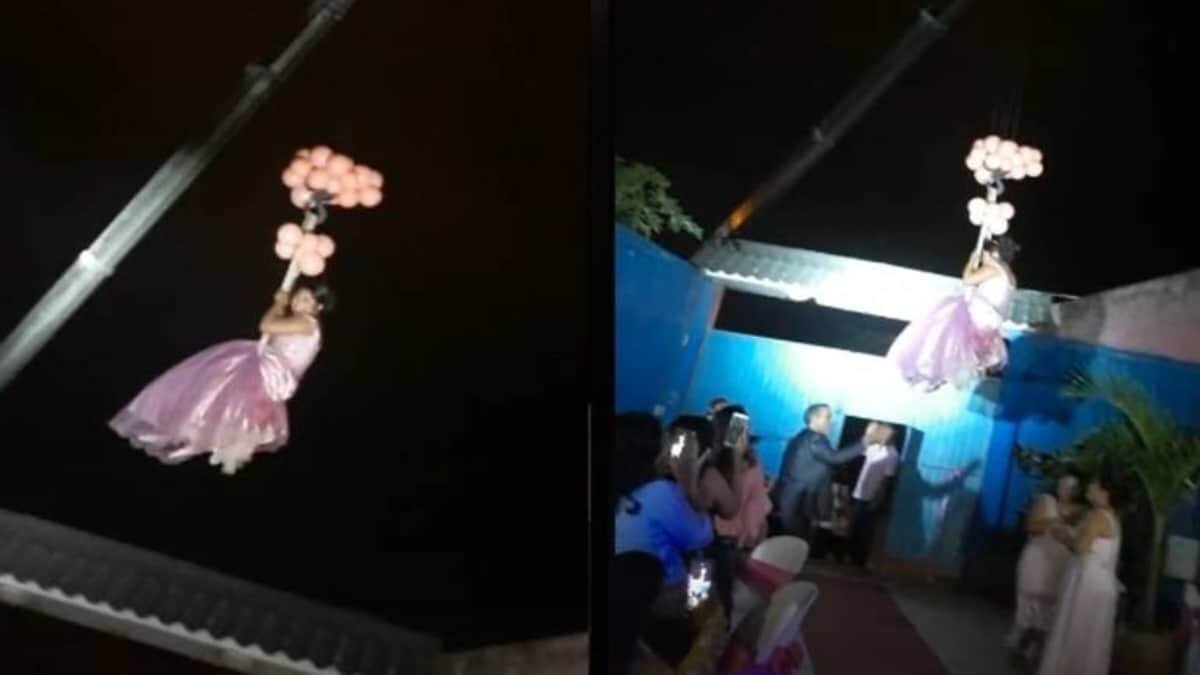 Quinceañera realiza entrada triunfal con ayuda de una grúa (Video)
