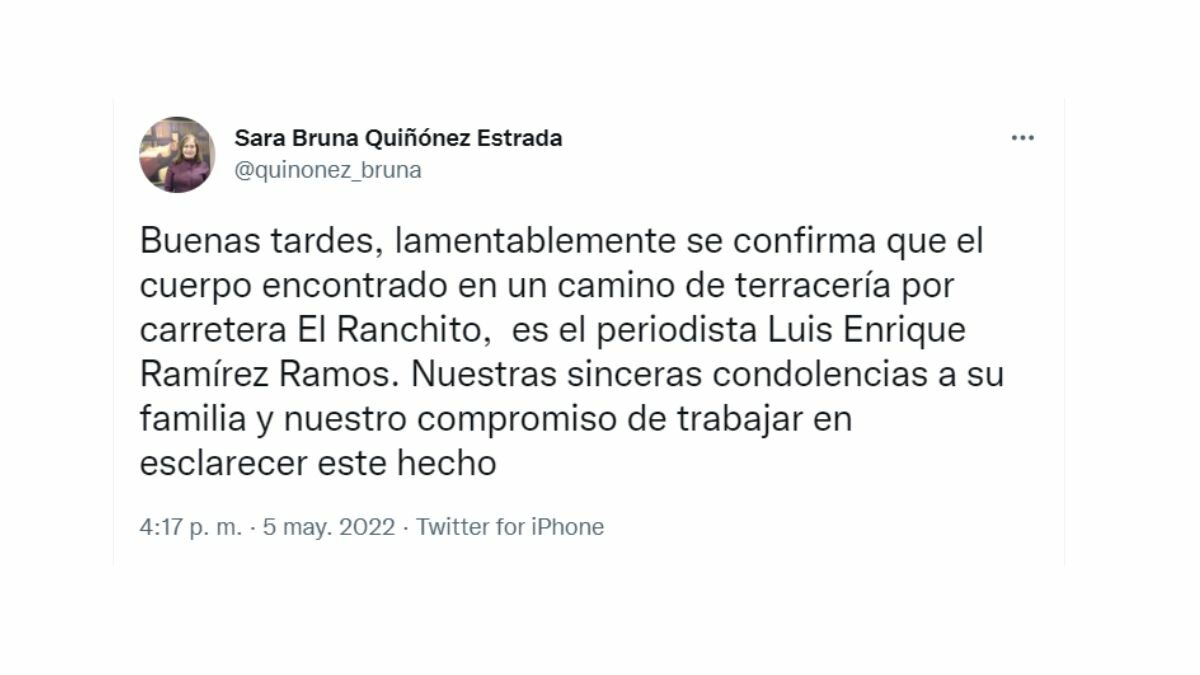 Sara Bruna Quiñónez Estrada confirmó la muerte del periodista Luis Enrique Ramírez Ramos