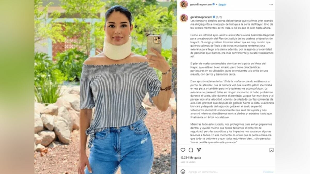 ¡Con todo y collarín! Reaparece Geraldine Ponce tras accidente