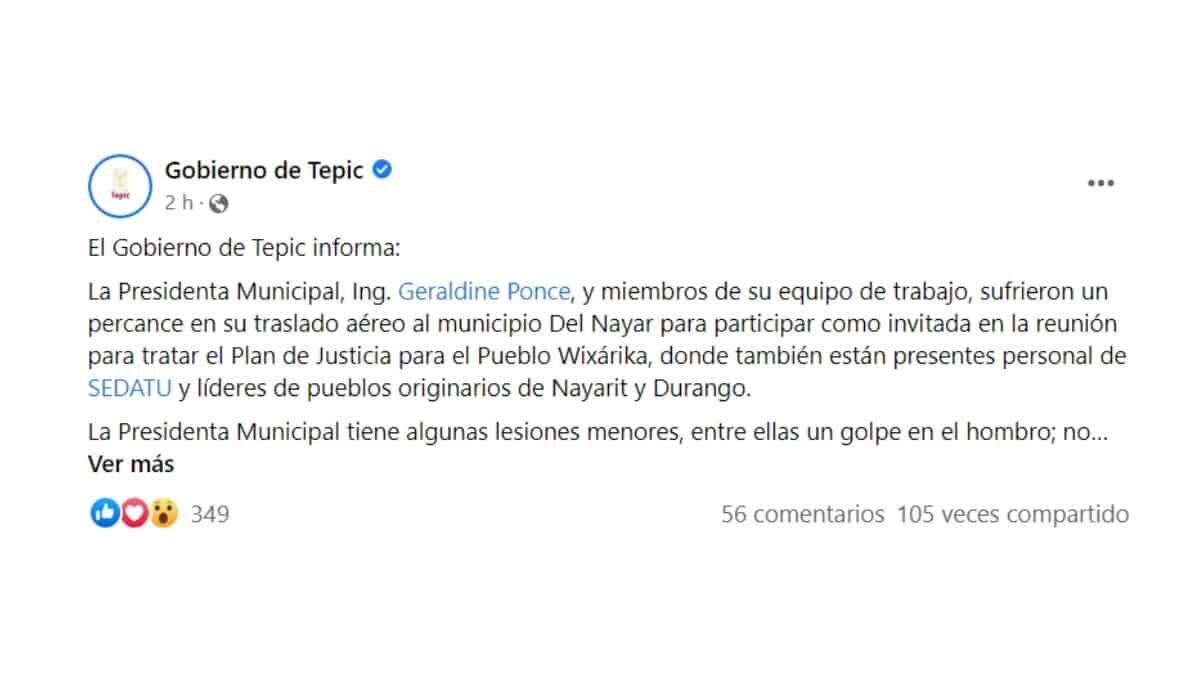 La avioneta en la que viajaba la presidenta de Tepic, Geraldine Ponce sufrió un accidente.
