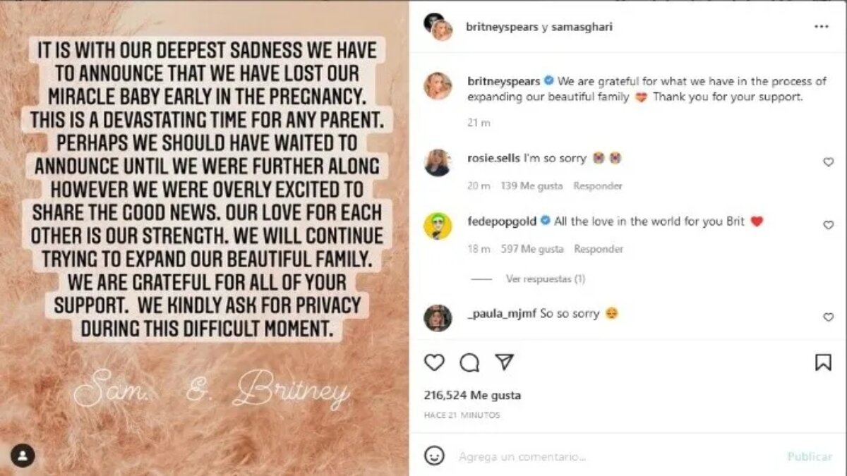 Anuncia Britney Spears que perdió a su bebé