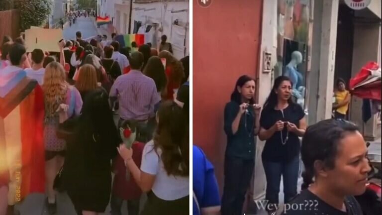 Mujeres rezan en medio de marcha LGBTQ+