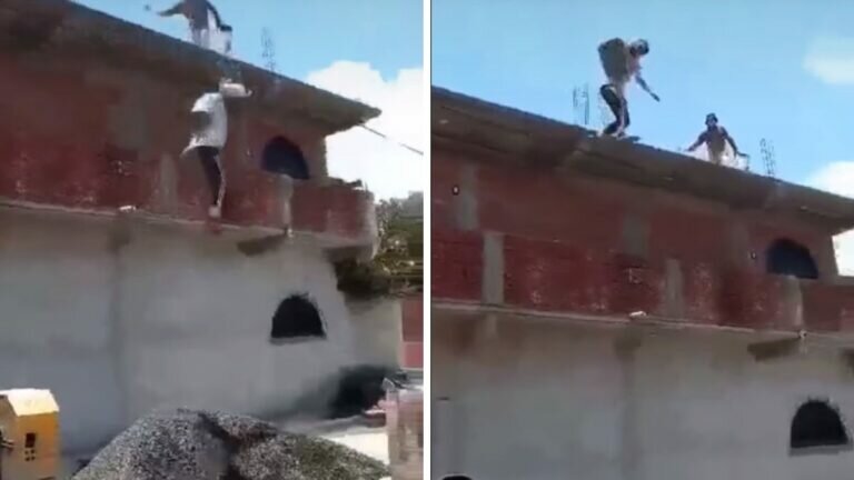 Albañiles se lanzan desde un segundo piso