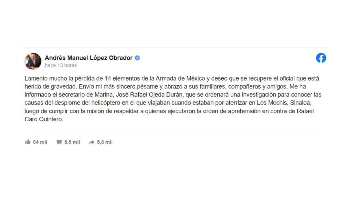 AMLO confirma que marinos que murieron tras desplome de helicóptero colaboraron en detención de Caro Quintero.